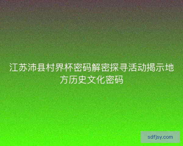 江苏沛县村界杯密码解密探寻活动揭示地方历史文化密码